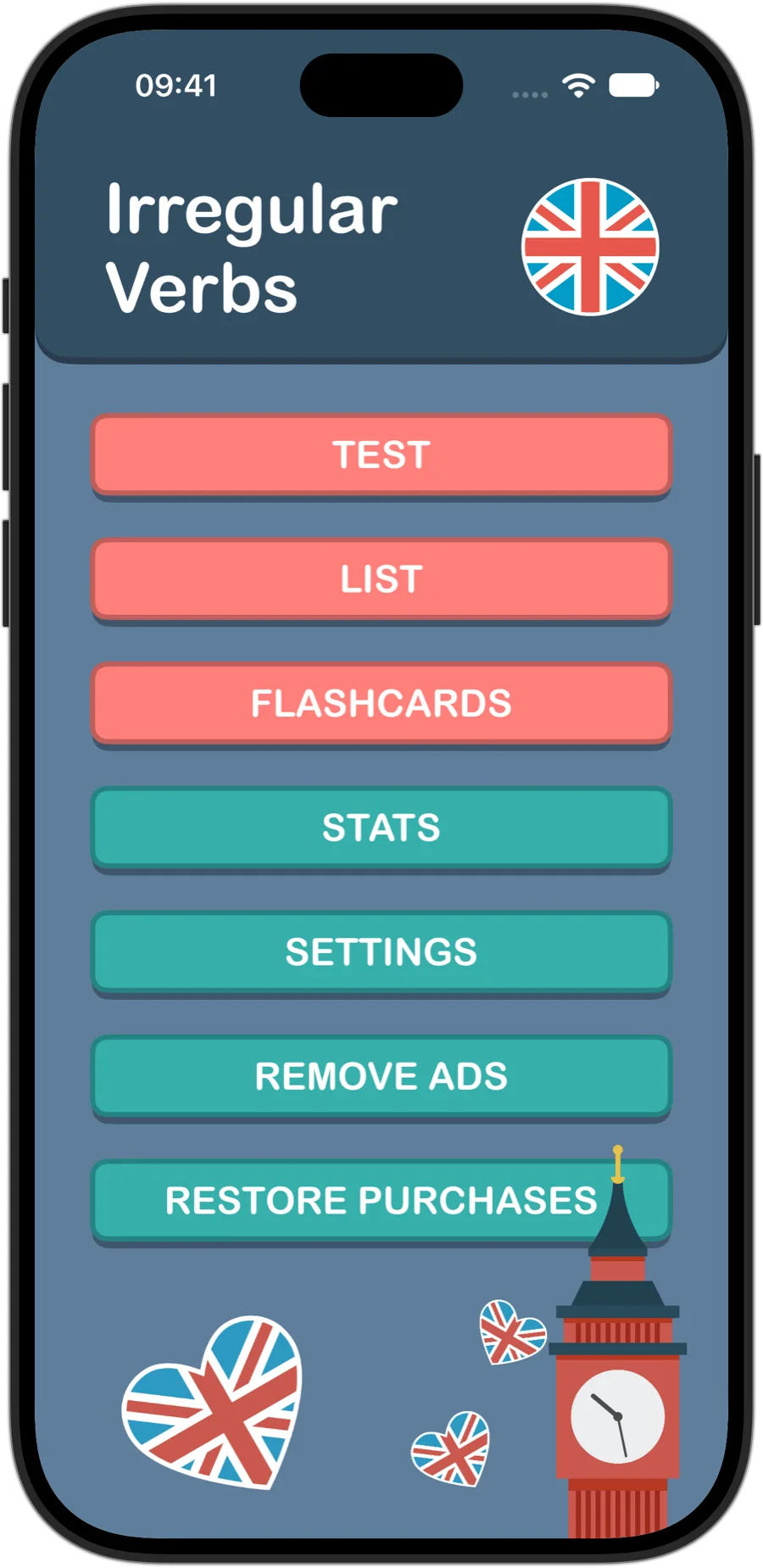 Irregular Verbs home screen on iPhone 18 Pro, with Test, List, Flashcards, Stats and Settings